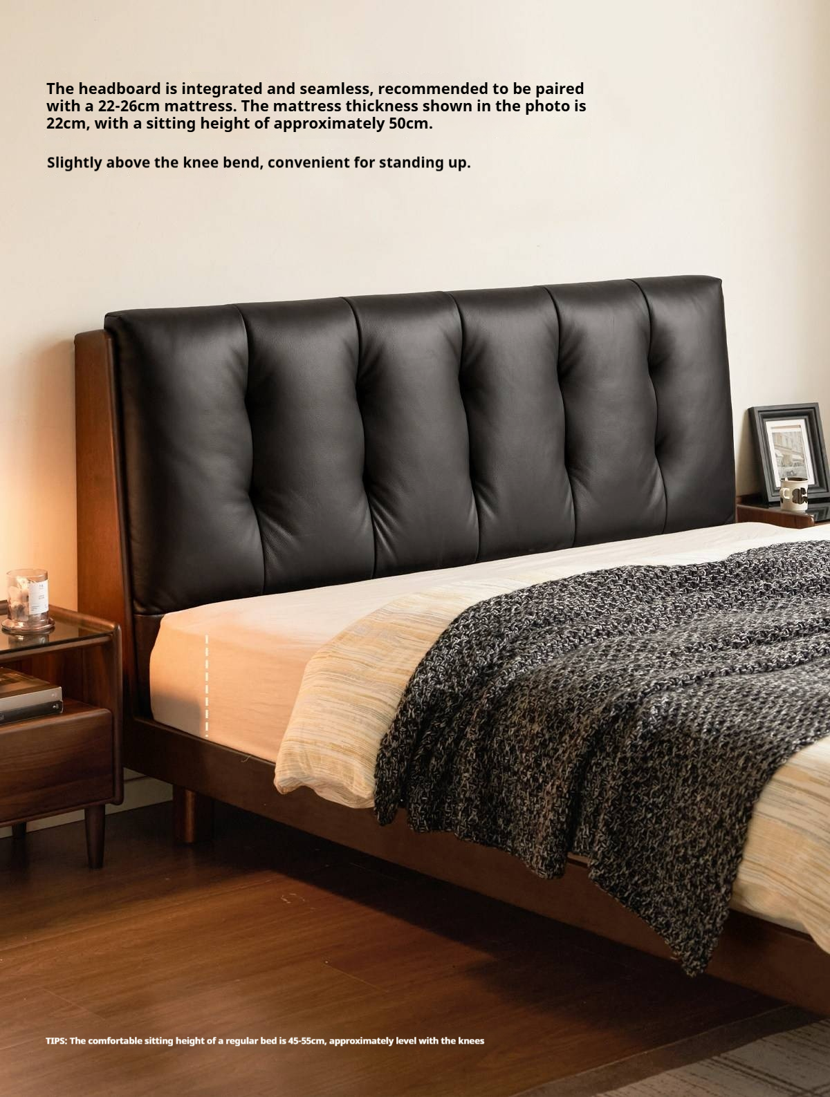 Rubberwood Solid Wood Italian Style Bed with Leather Headboard and Soft Goose Down Cushion