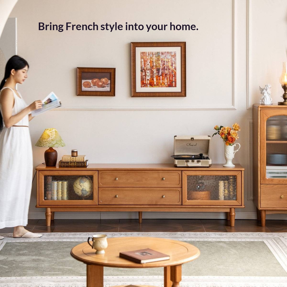 Birch Solid Wood French Country TV Console with Turned Legs