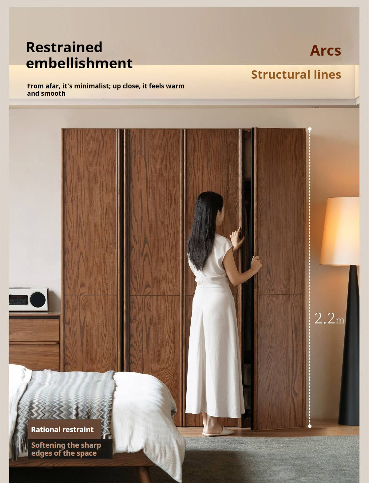 Oak Solid Wood Wardrobe with Italian Light Luxury Style and Double Doors