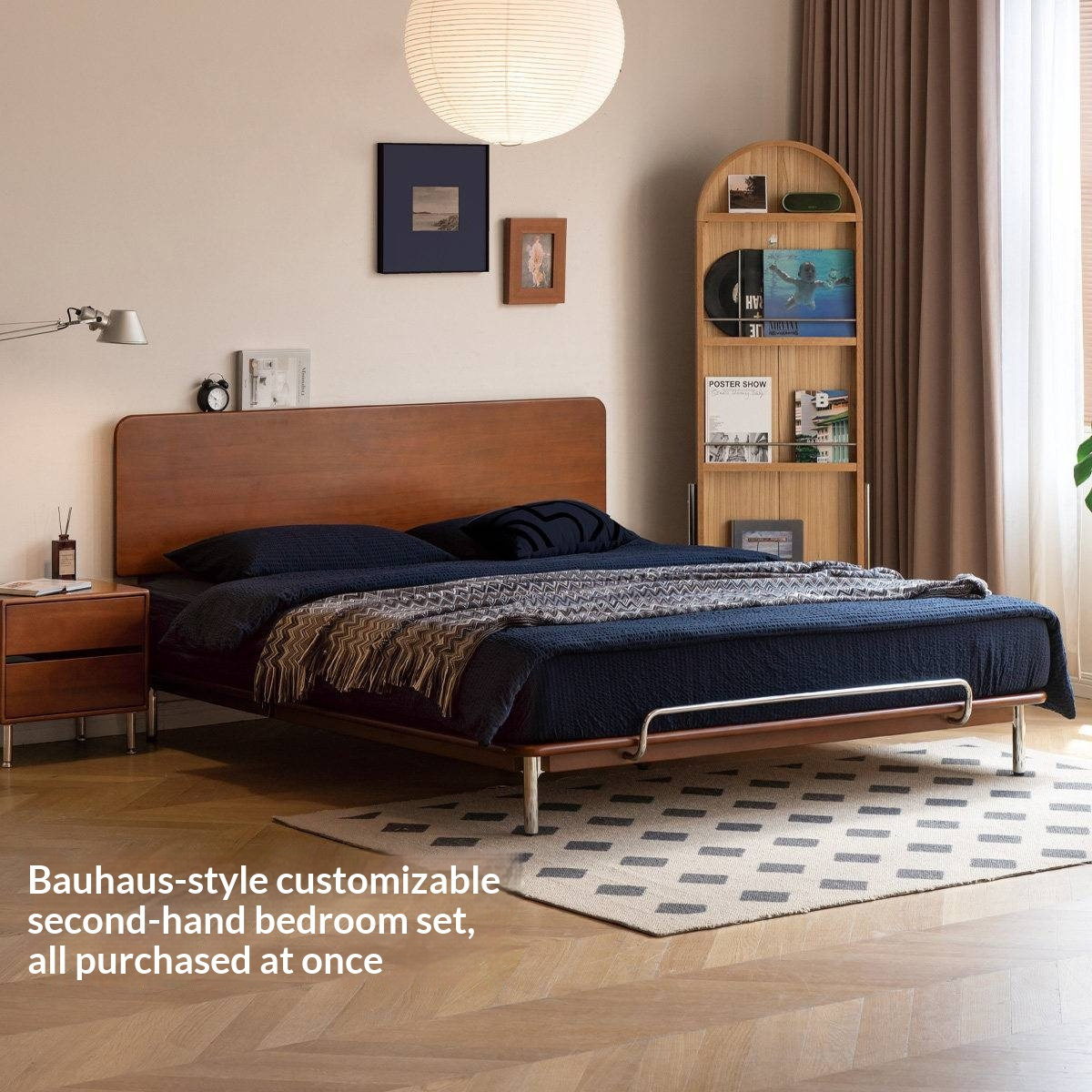 Rubberwood Solid Wood Minimalist Platform Bed with Angled Metal Legs