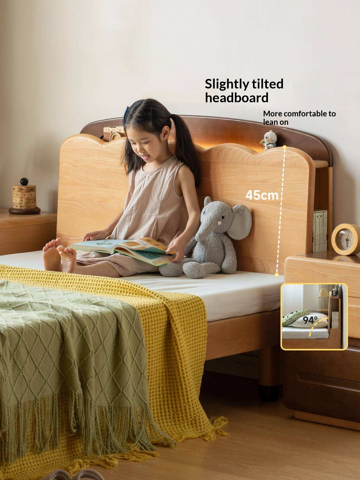 Beech Solid Wood Kids Bed with Scalloped Headboard and Hidden Storage