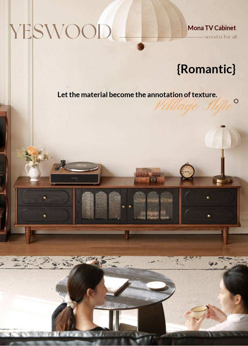 Black Walnut, Ash Solid Wood TV Cabinet with Integrated Storage, Vintage Style Floor Cabinet
