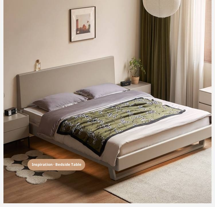 Poplar Solid Wood Floating Bed with Lights, Modern Minimalist