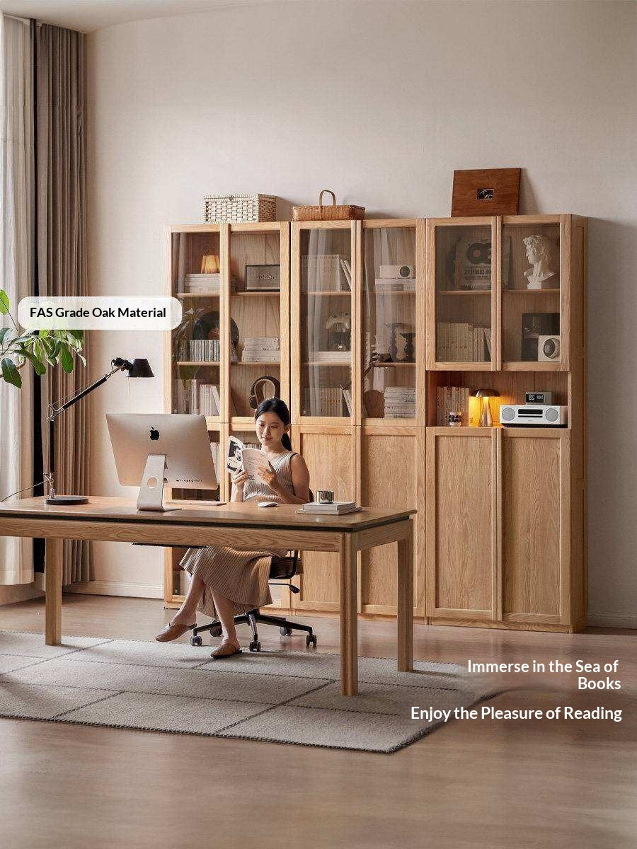 Oak Solid Wood Bookcase with Glass Doors, Large Oak Storage Cabinet for Living Room Display