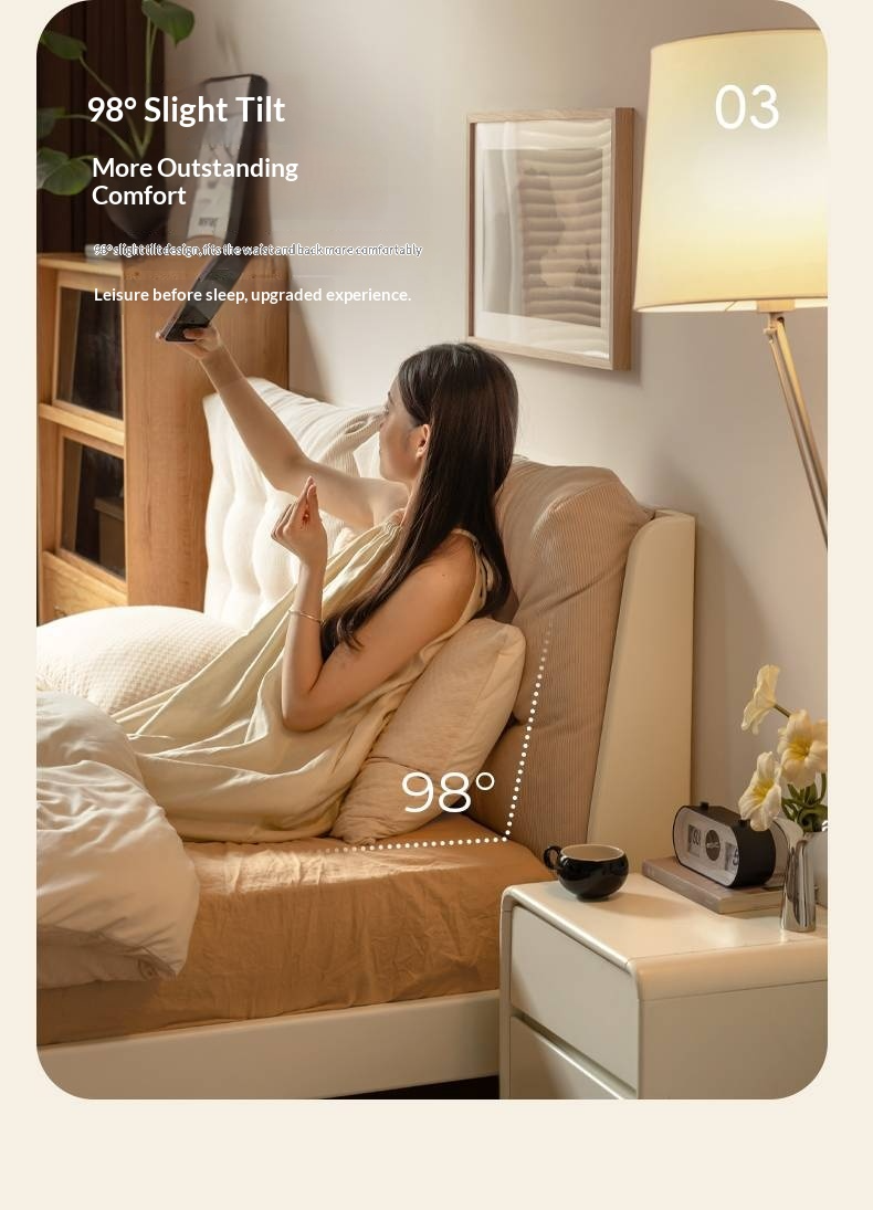 Oak, Rubberwood Solid Bed with Cream Finish — Casual Bedside with Soft Bag Backrest and White Soft Back