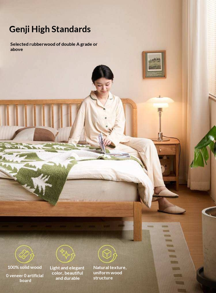 European Beech,Rubberwood Solid Wood Bed Modern Simple