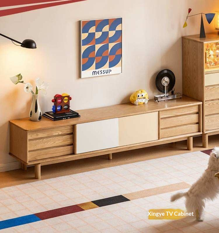 Ash Solid Wood TV Cabinet with Color Block Storage Design