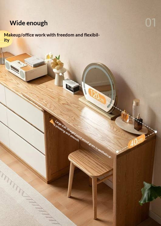 Oak Solid Wood Vanity Table & Storage Cabinet Set Cream Style