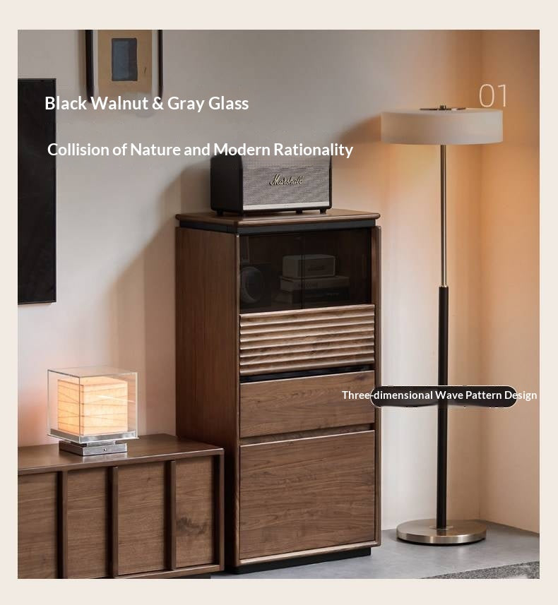 Black Walnut, Ash, Oak Solid Wood Tall Side Cabinet with Louvered Sliding Door and LED Lighting