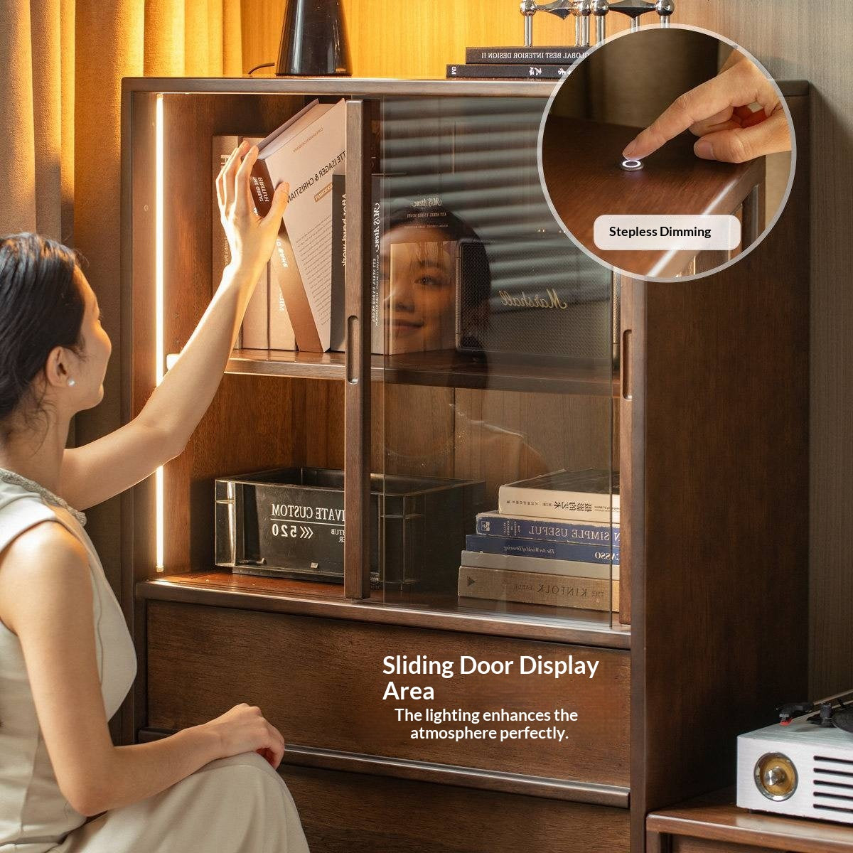 Sandalwood Solid Wood Tall Side Cabinet with Louvered Sliding Door and LED Lighting