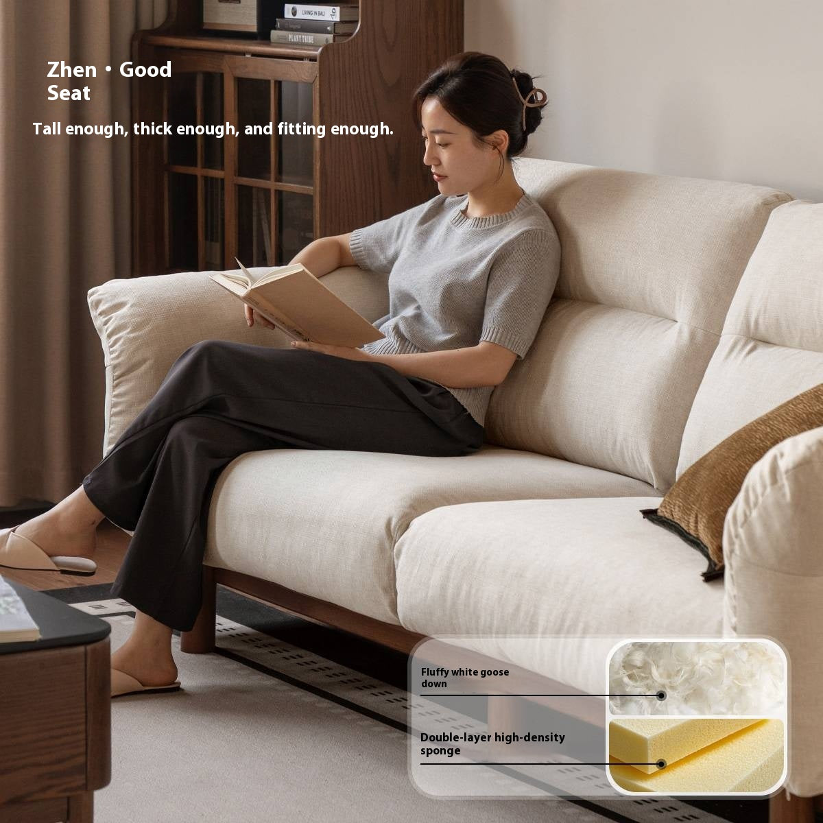 Black Walnut, Oak Solid Wood Sofa Genuine Leather, fabrics