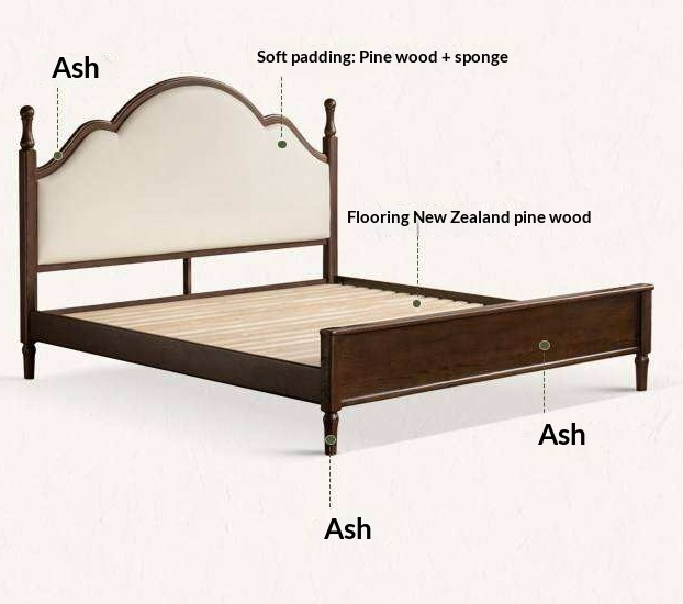 Ash Solid Wood Upholstered Bed with Tall Arched Headboard and Turned Finial Posts