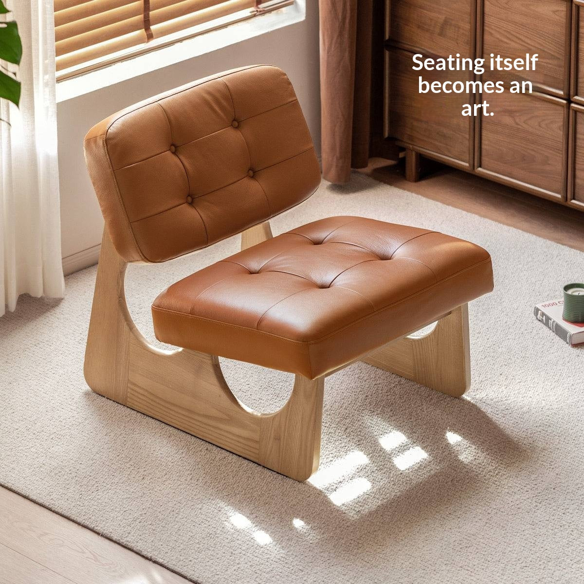 Ash Solid Wood Genuine Leather Accent Chair, Vintage Style Lounge Chair