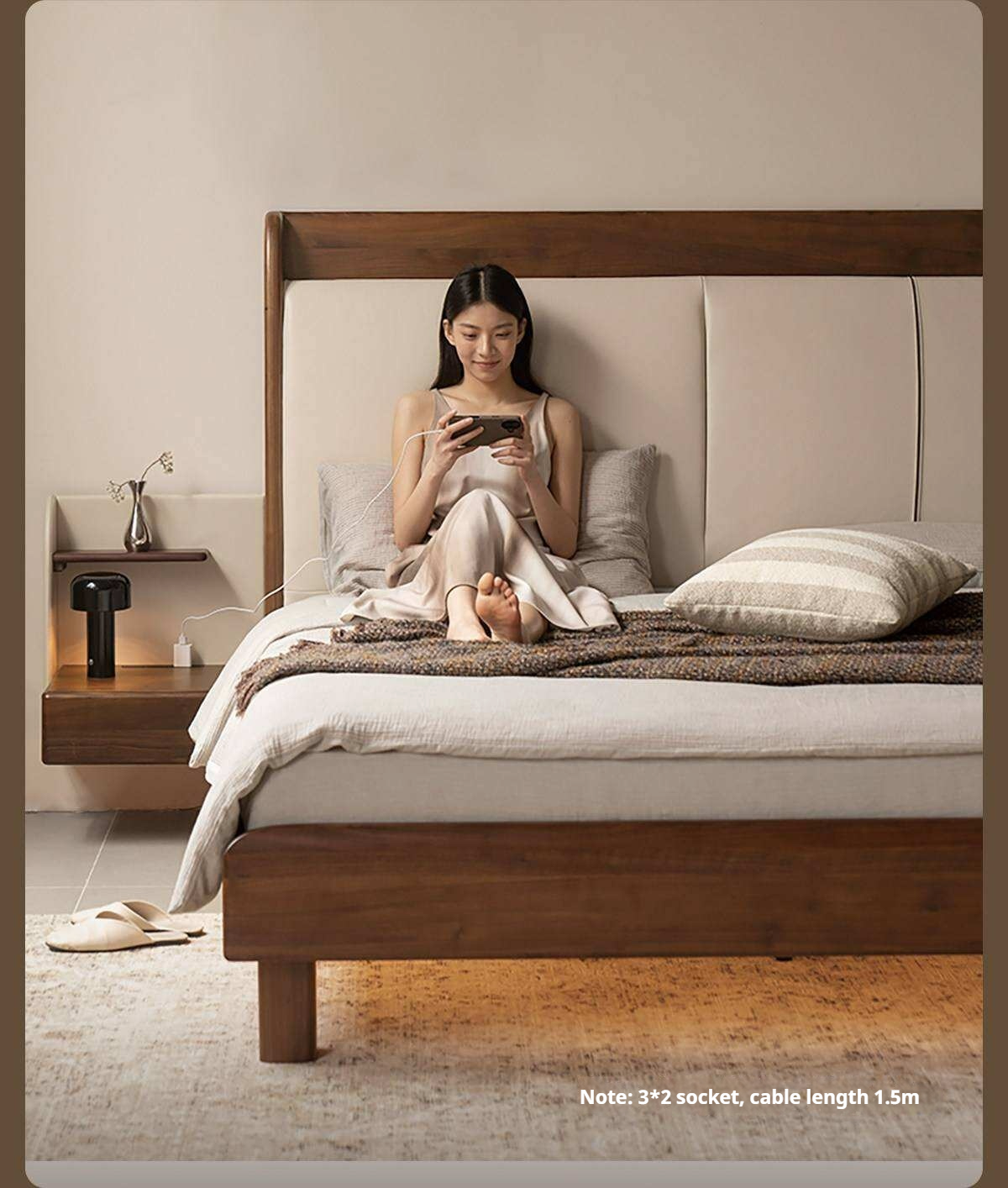 Black Walnut Solid Wood Genuine Leather Curved Leather Bed with Floating Base and LED Lighting