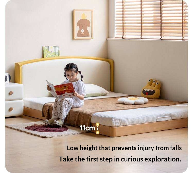 Beech Solid Wood Kids Upholstered Low Platform Bed with Curved Headboard
