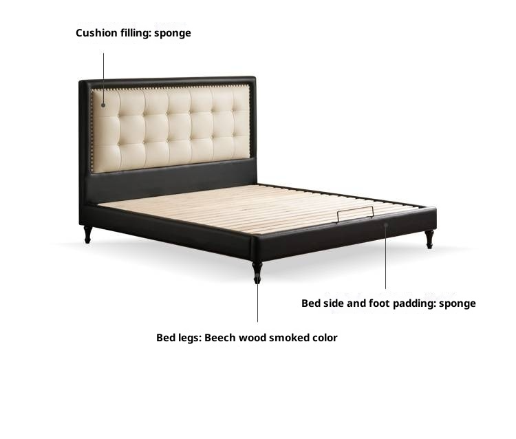 Luxury Genuine Leather Soft Headboard Bed, American Style Riveted Bed