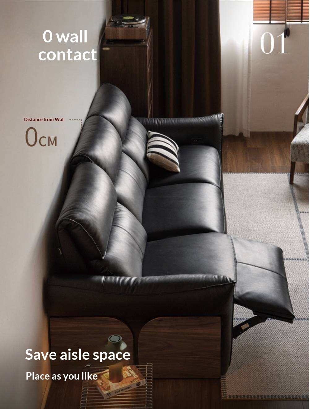 Black walnut solid wood Top Grain Genuine Leather Zero Wall Power Reclining Sofa