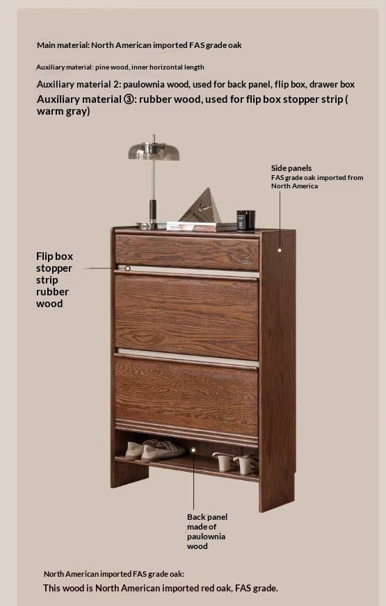 Oak Solid Wood Shoe Cabinet with Flip Doors and Light Italian Luxury Finish