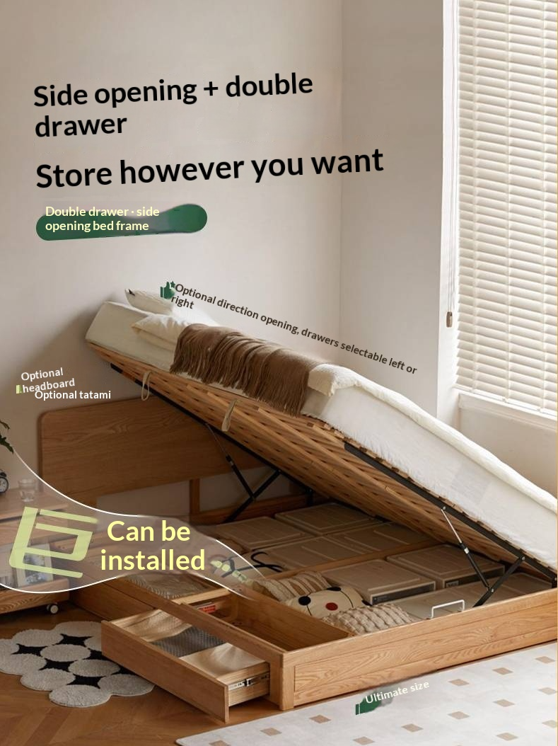 Oak, Ash, Rubberwood Solid Wood Box Bed, Platform Box Bed, Headboard-Free Bed