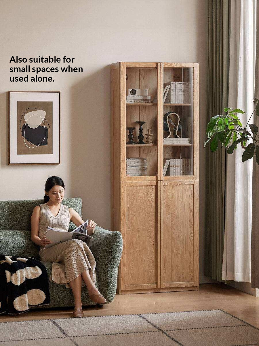 Oak Solid Wood Bookcase with Glass Doors, Large Oak Storage Cabinet for Living Room Display