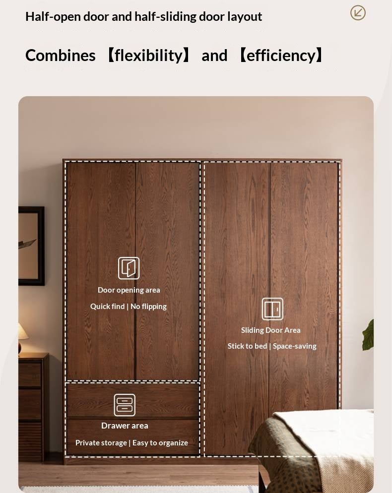 Oak Solid Wood Modern Style Wardrobe with Sliding Door