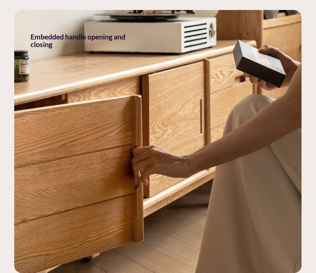 Oak Solid Wood TV Console with Ribbed Sliding Doors and Open Shelving