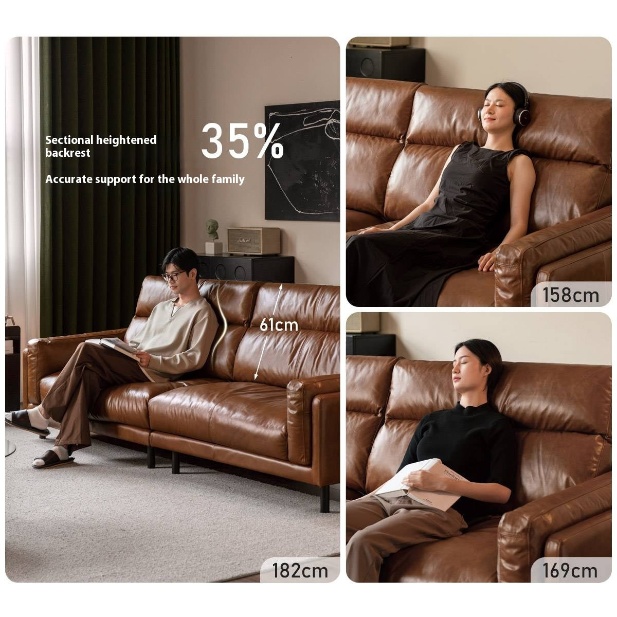 Full Leather High-Back Sofa with Oil-Wax Finish Italian-Style