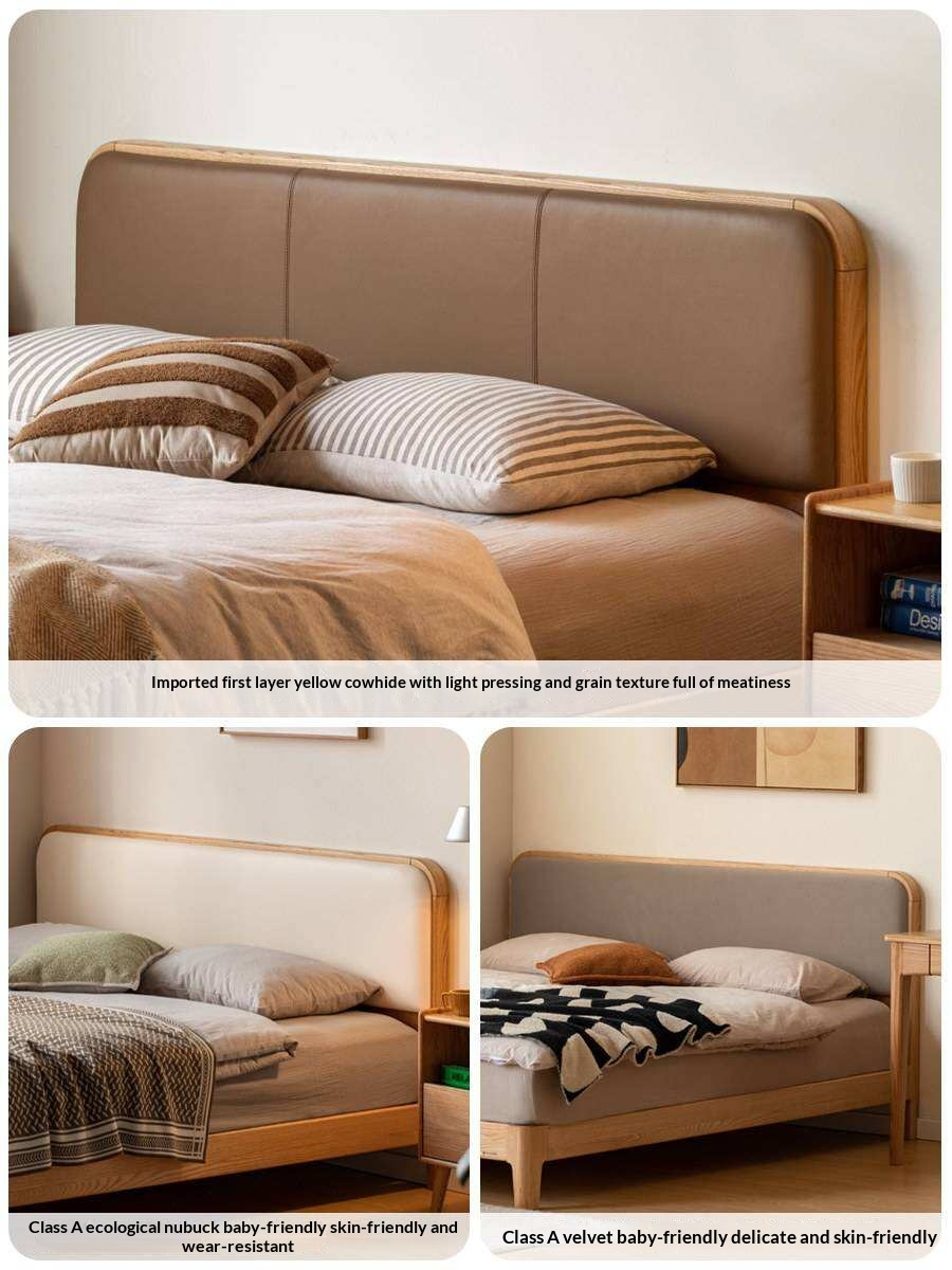 Oak, Rubber wood Solid Wood Bed Genuine Leather,Technology Fabric,Suede
