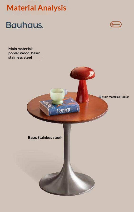 Poplar, Ash Solid Wood Side Table with Round Shape and Wrought Iron Frame