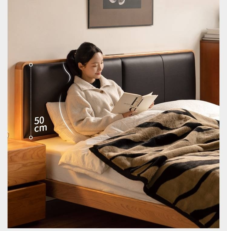 Cherry Solid Wood Bed with Top Layer Cowhide Soft Headboard Retro Style