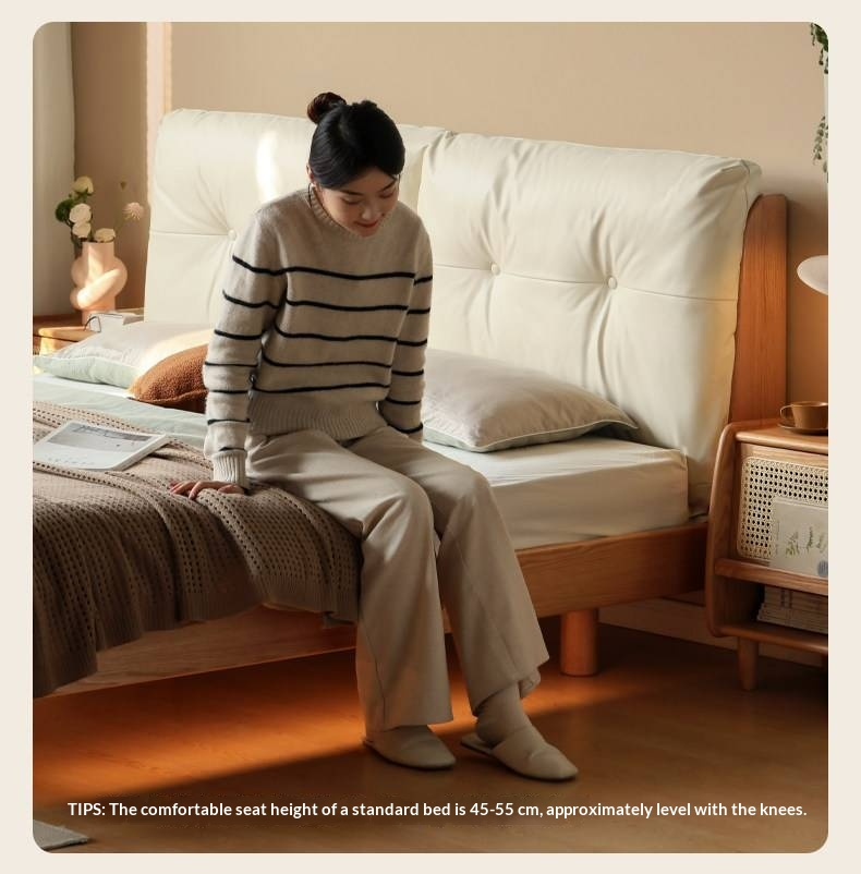 Oak Solid Wood Bed — Modern Minimalist, Genuine Leather Upholstered, Floating Design with Light