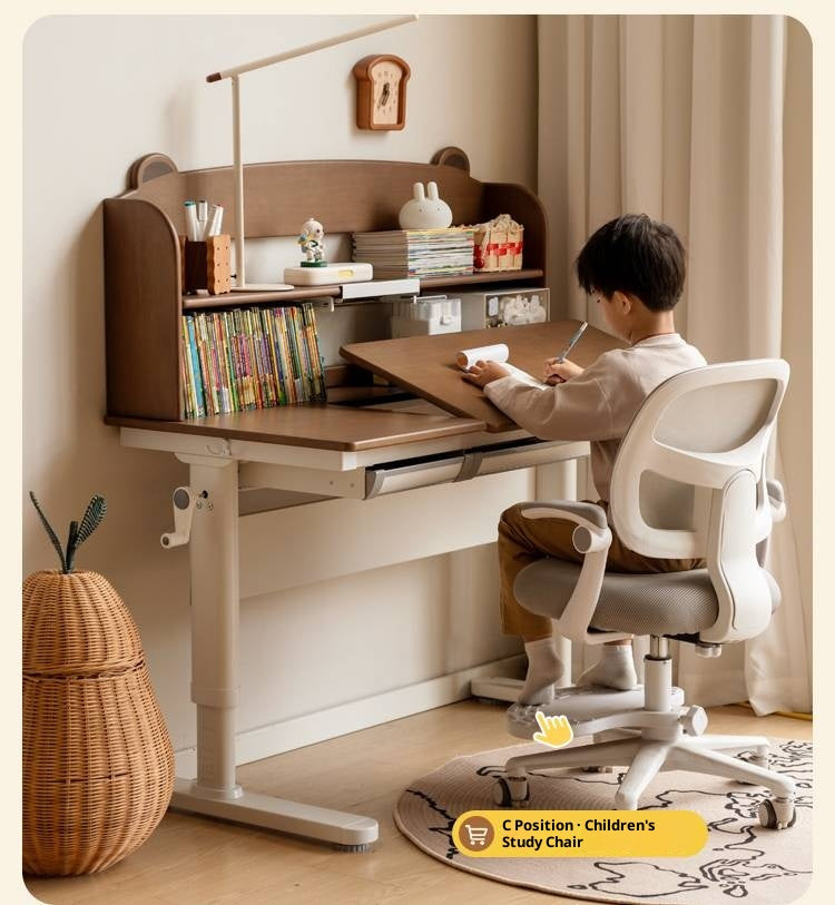 Solid Rubberwood Children s Hand-cranked Height Adjustable Desk