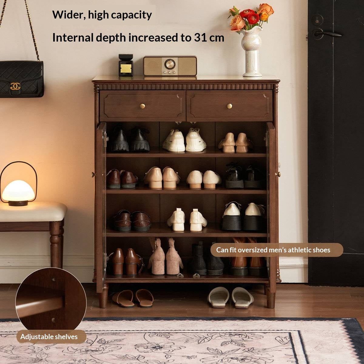 Solid Longan Hardwood French Vintage Shoe Cabinet with Arched Glass Doors and Adjustable Shelves