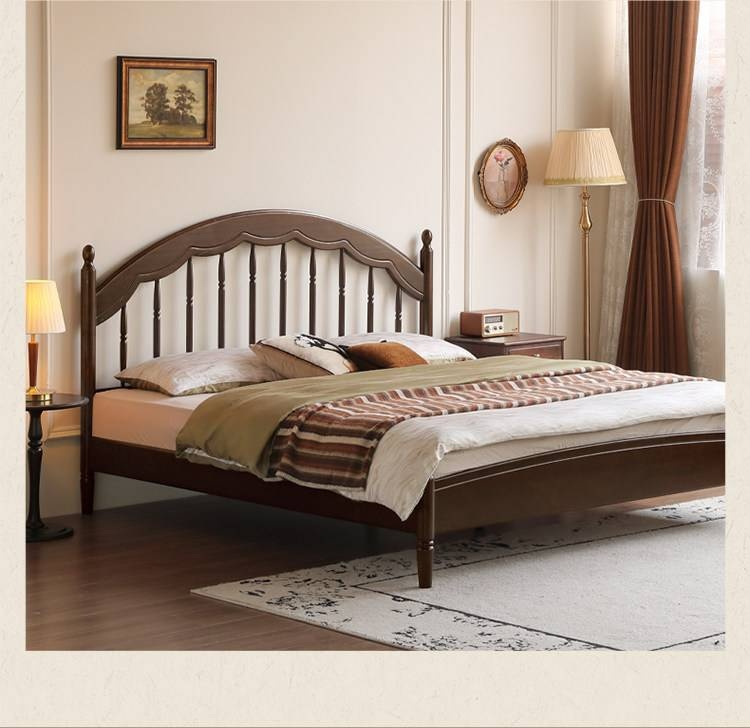 Poplar Solid Wood Bed — American Windsor Style with Retro Vertical Strip Design