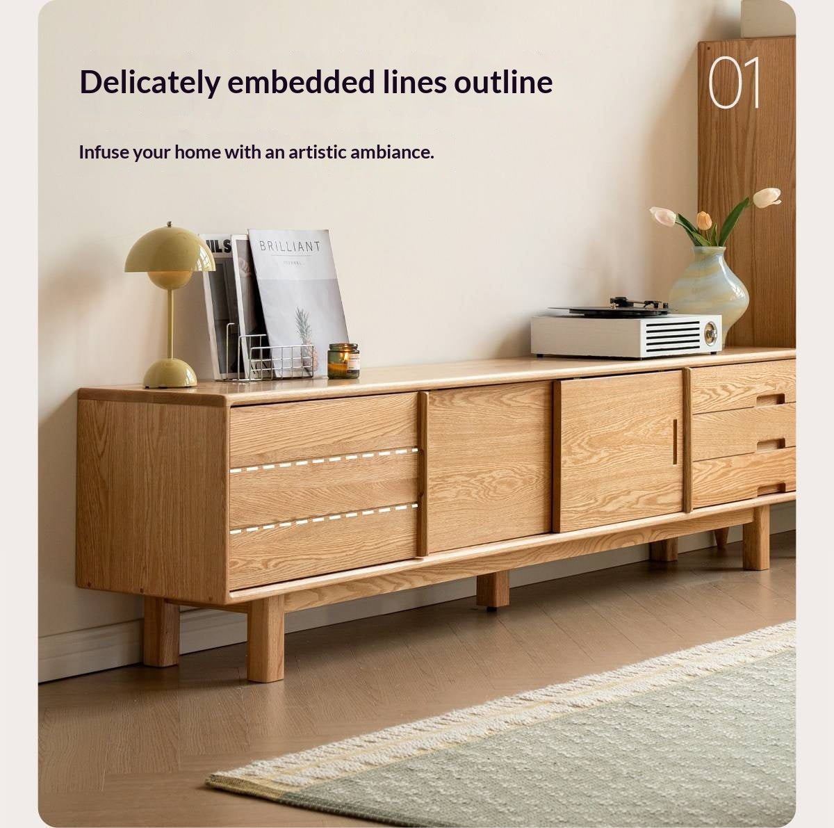 Oak Solid Wood TV Console with Ribbed Sliding Doors and Open Shelving