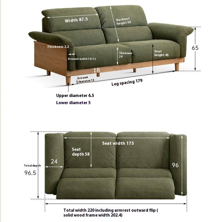 Oak Solid Wood Fabric Sofa, Couch with High Back Cushions, Durable Pet-Friendly Upholstery