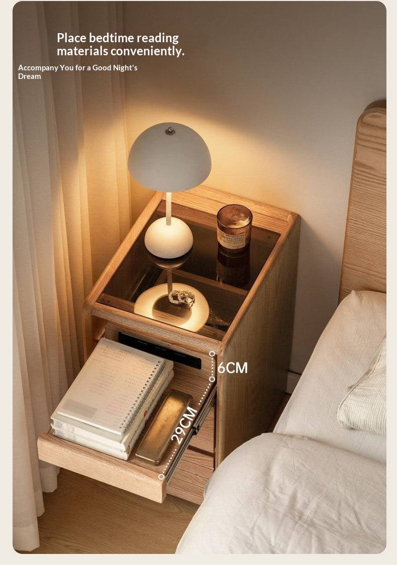 Ash Solid Wood Nightstand With Glass Top