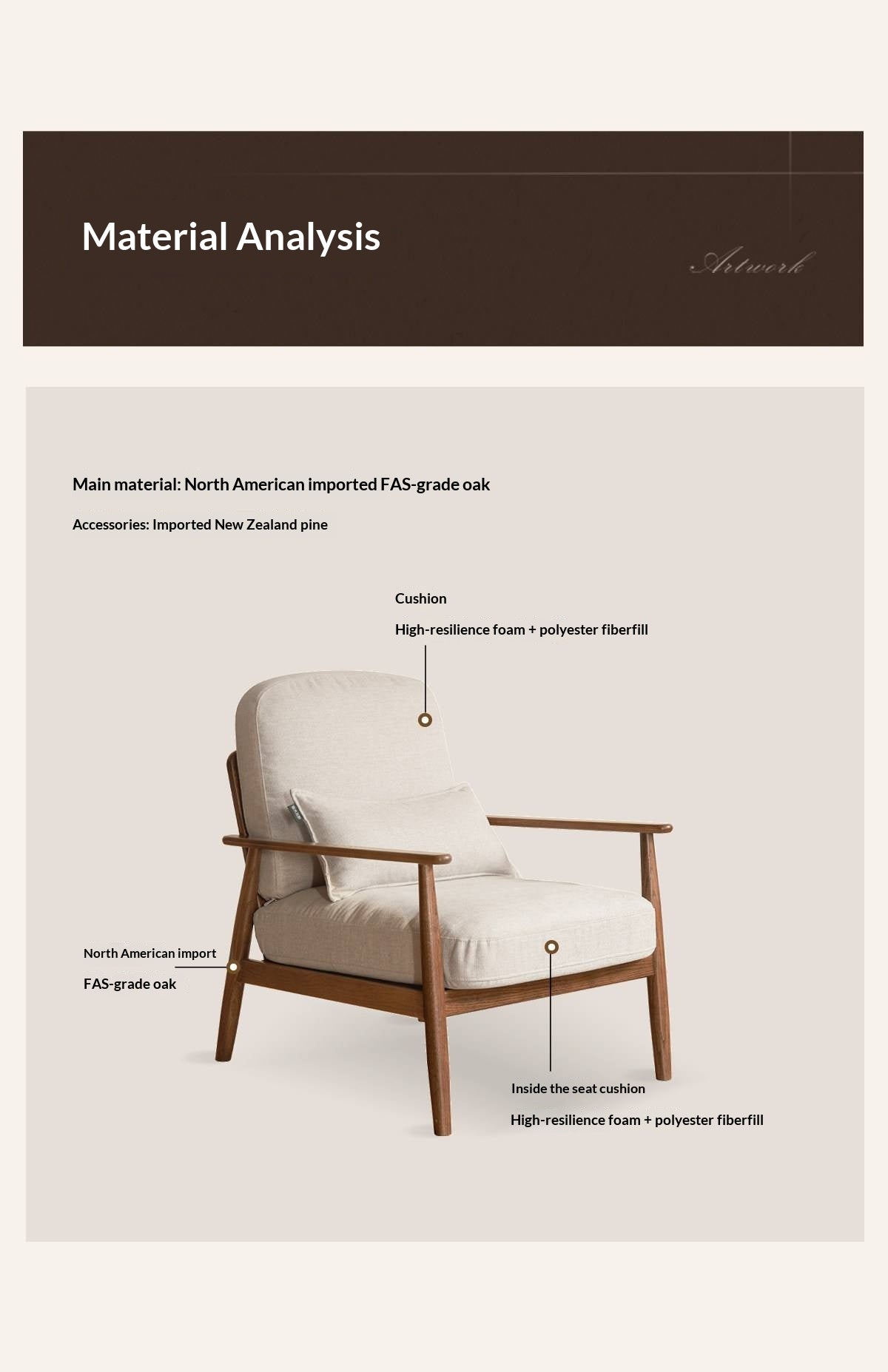 Oak Solid Wood Walnut Color Mid-Century Lounge Chair