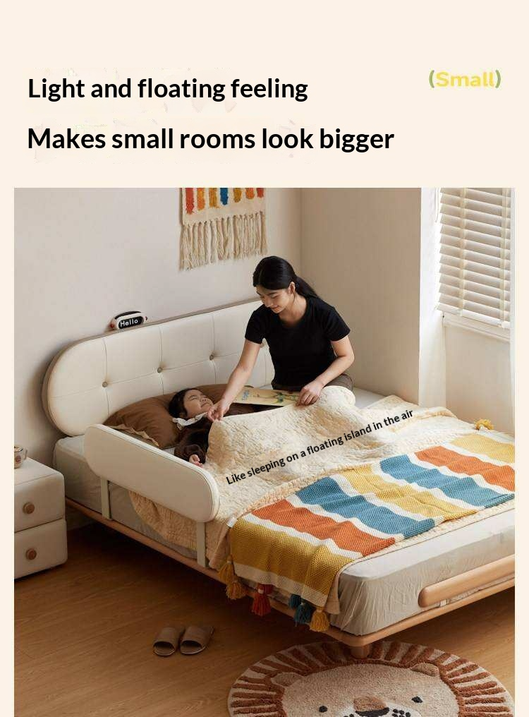 Beech Solid Wood Kids Floating Platform Bed with Upholstered Headboard and Optional Guardrails