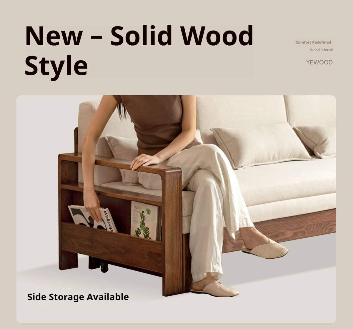 Oak, Beech Sofa Bed with Wood Frame and Side Storage Pocket