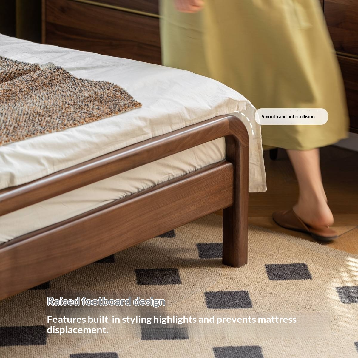 Black Walnut, Beech Solid Wood Retro Upholstered Large Bed