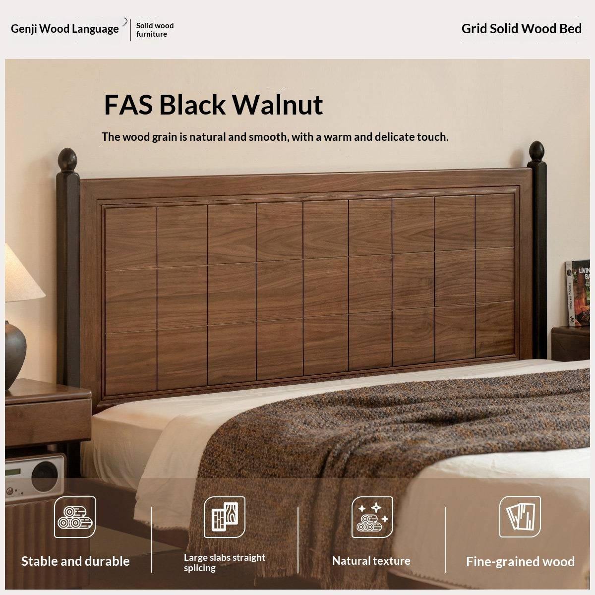 Black Walnut Solid Wood Four Poster Bed with Grid Panel Headboard