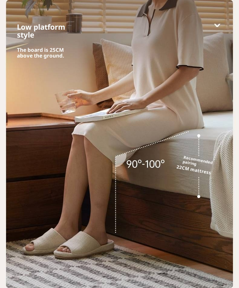 Oak, Rubberwood Solid Wood Platform Box Bed, Headboard-Free Bed Modern Minimalist