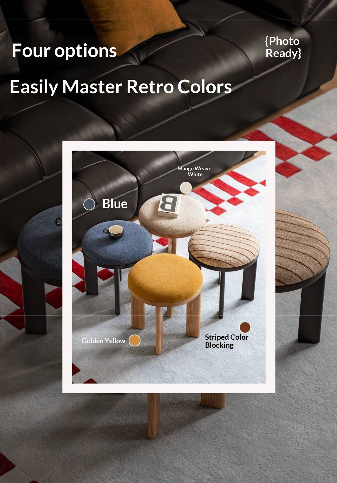 Ash Solid Wood Round Upholstered Stool with Slab Wood Legs