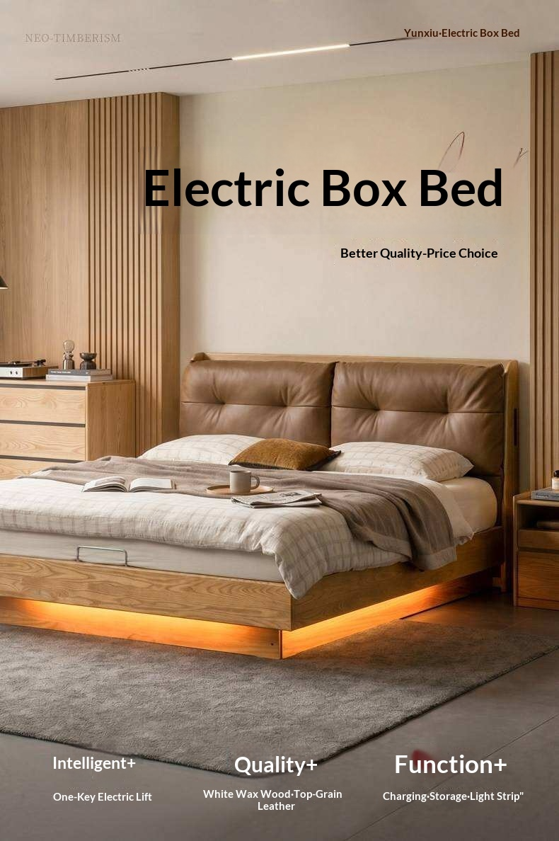 Ash Solid Wood Genuine Leather Upholstered Storage Bed with Electric Lift and LED Lighting