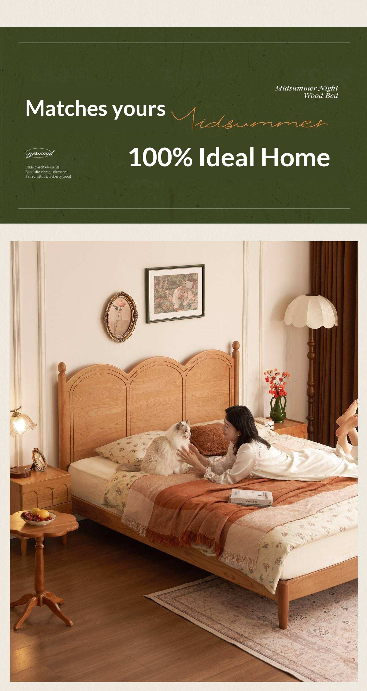 Cherry Solid Wood French Country Arched Platform Bed with Spindle Legs