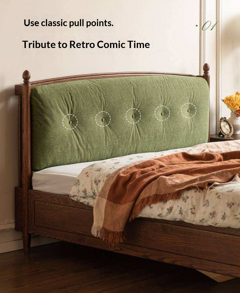 Oak Solid Wood French Country Tufted Storage Bed with Gas Lift and Turned Posts