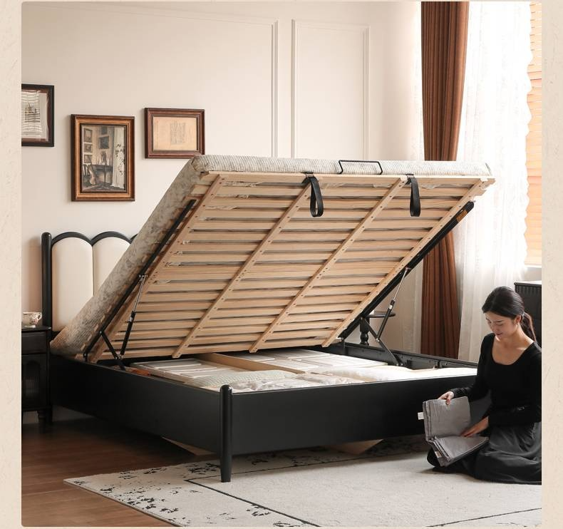 Rubberwood Solid Wood Upholstered Storage Box Bed, French Retro Style