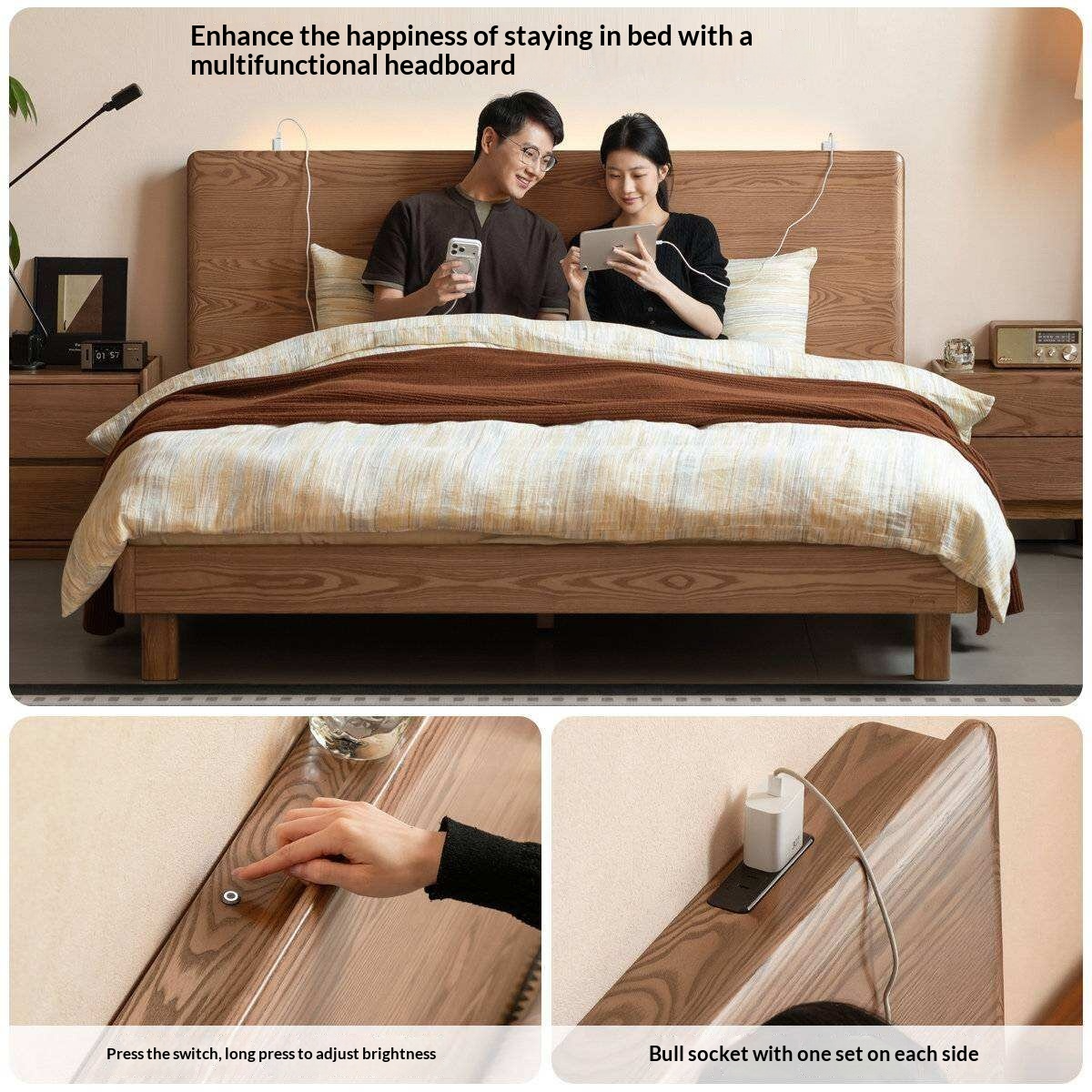 Ash Solid Wood Modern Multifunctional Night Light Bed Light Walnut Color