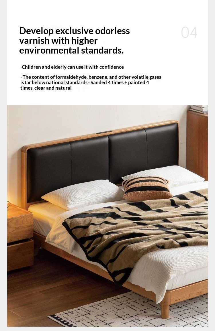 Cherry Solid Wood Bed with Top Layer Cowhide Soft Headboard Retro Style